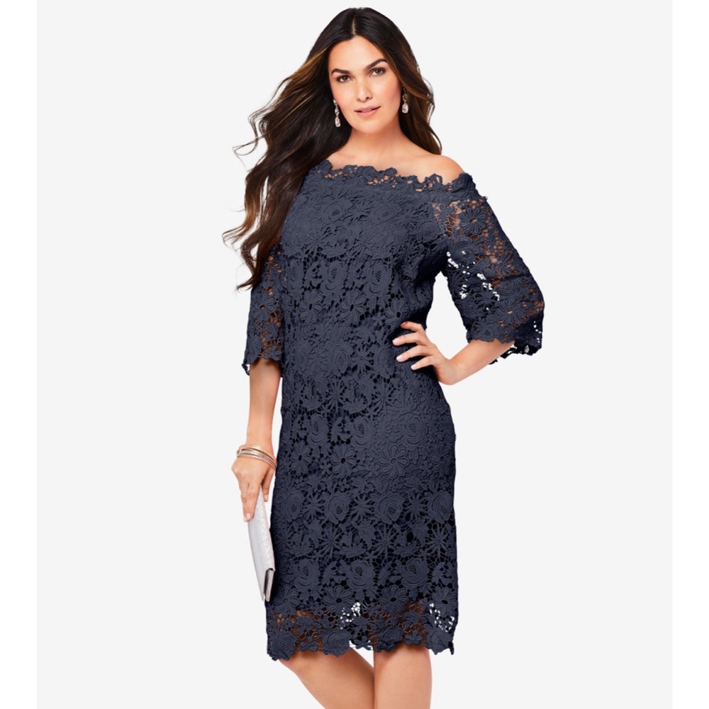 PLUS SIZE OFF-THE-SHOULDER LACE DRESS WITH BELL SLEEVES-NAVY